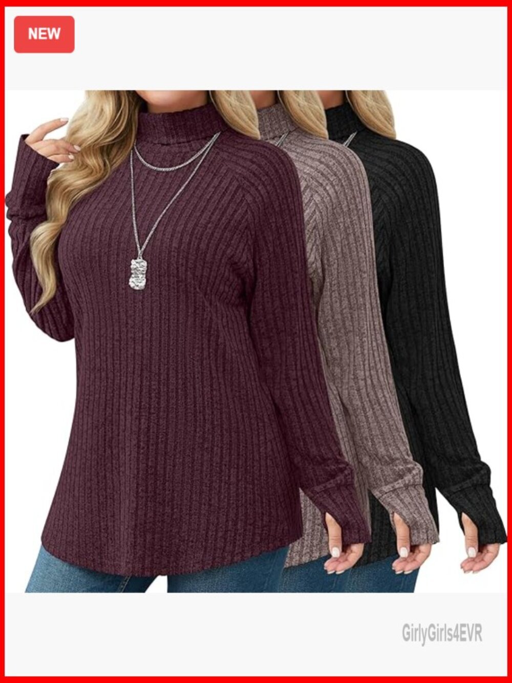 Plus Size Turtleneck Sweater Tunics 3 Pack Long Sleeve Thumbhole Ribbed Tops